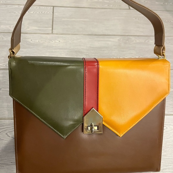 1960s Green ,Gold,Brown & Red Shoulder Bag with Color-Blocking Design - Picture 3 of 13